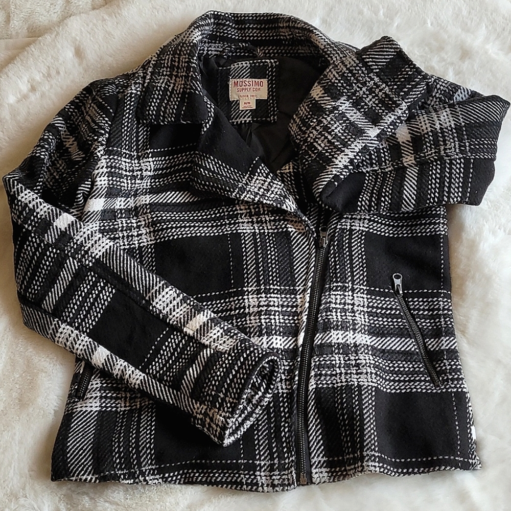 Mossimo Black & White Plaid Asymmetrical Zip Moto Pea Coat Medium